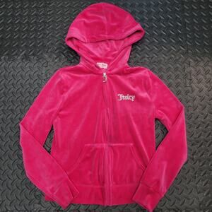 Juicy Couture Velour Hoodie Womens XS Pink Zip Up Rhinestone Logo Y2K
